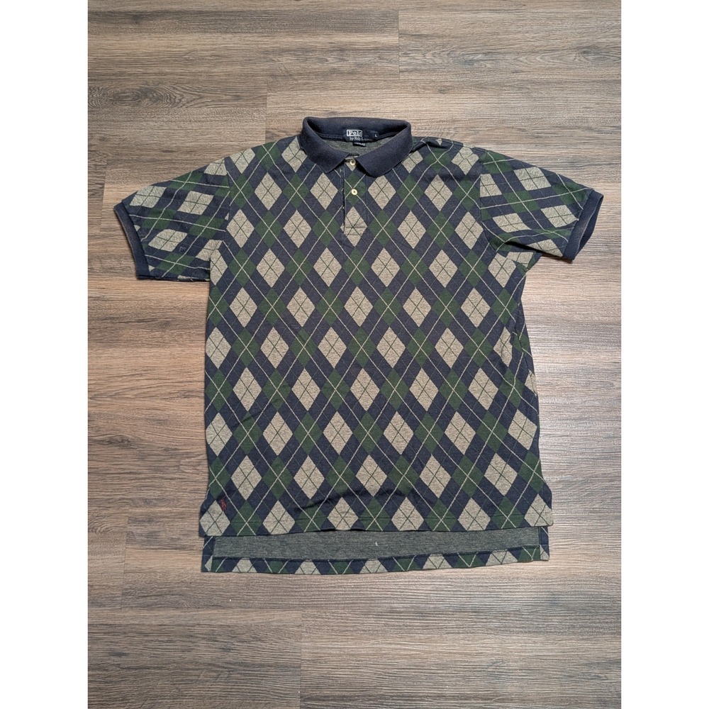 VTG Polo Ralph Lauren Mens Large Argyle Polo Shirt Navy Green Made in USA READ